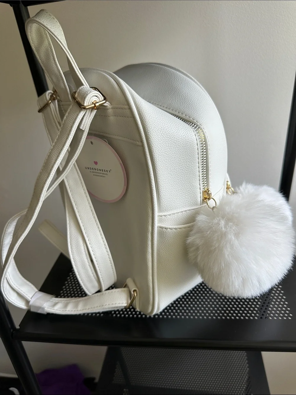 White Quilted Heart Mini Backpack with Pom Pom